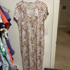 Lilly Pulitzer Tan and White Leaf Print Midi Dress